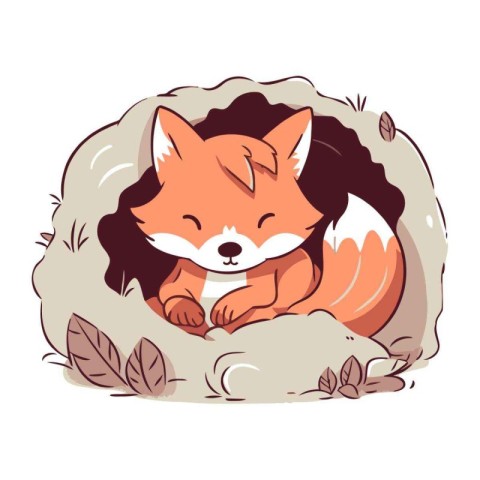 Cute fox sleeping in the hole. Vector illustration on white back