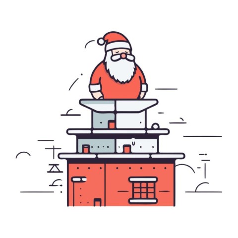 Santa Claus making a snowman on top of the chimney. Vector illus