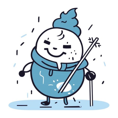 Vector illustration of a snowman in winter clothes holding a sti