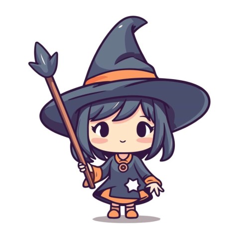 Cute little witch girl with broom and hat. Vector illustration.