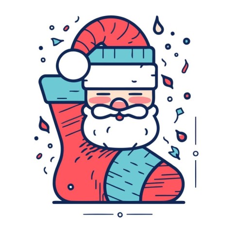 Christmas sock with Santa Claus. Vector illustration in flat lin