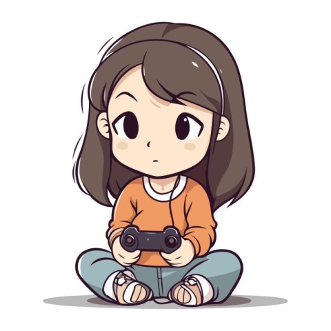 Cute little girl playing video game with joystick. Vector illust