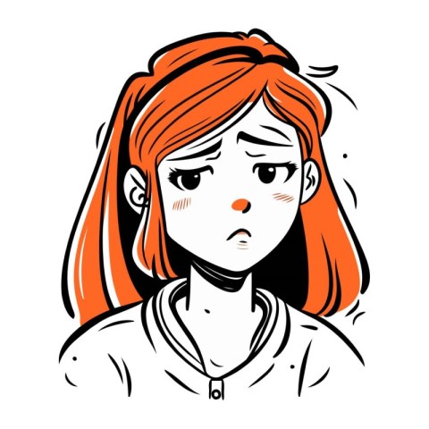 Portrait of a sad red haired girl. Vector illustration.