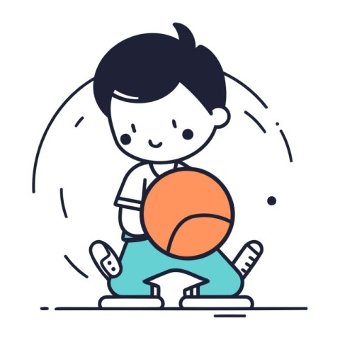 Cute boy playing basketball. Line art style. Vector illustration