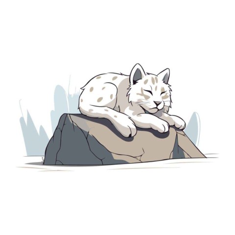 White cat sleeping on a rock. Vector illustration in cartoon sty