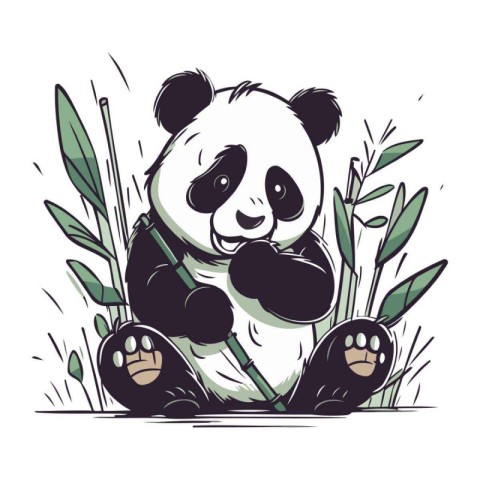 Panda bear sitting on bamboo leaves. Hand drawn vector illustrat