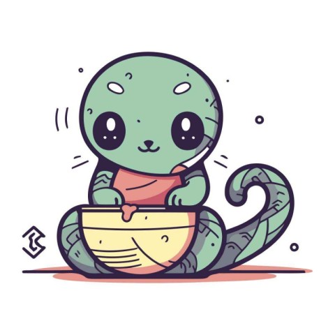 Cute kawaii cartoon alien with a bowl. Vector illustration.