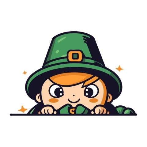 Cute little girl in leprechaun hat. Vector illustration