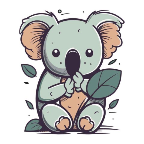 Cute koala sitting and holding a leaf. Vector illustration.