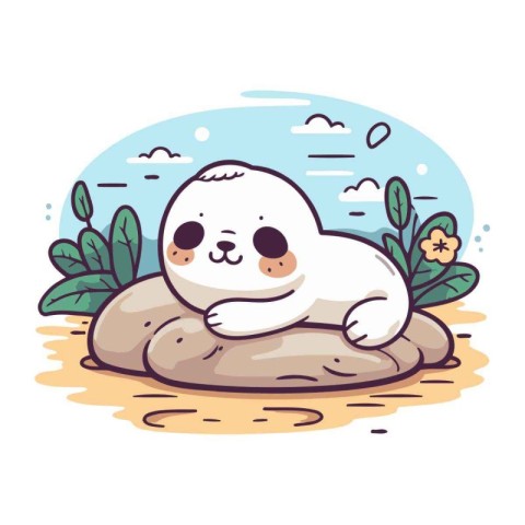 Cute sloth on the rock. Vector illustration in cartoon style.