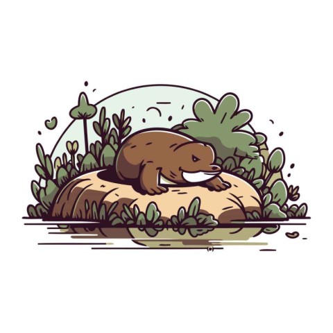 Cute cartoon brown bear sleeping on a rock. Vector illustration.