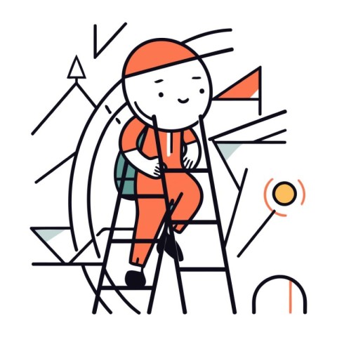 Funny little boy climbing the ladder. Flat line style vector ill