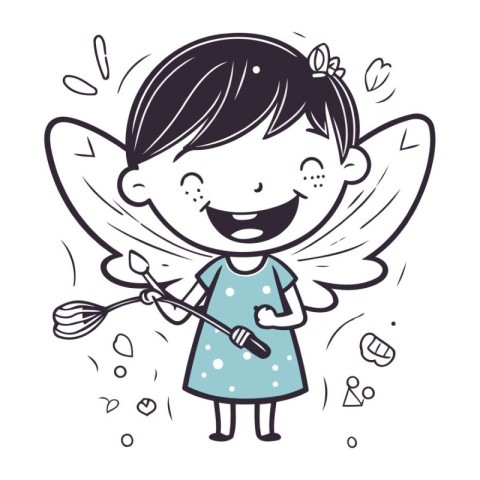 Cute little girl with wings and a broom. Vector illustration.