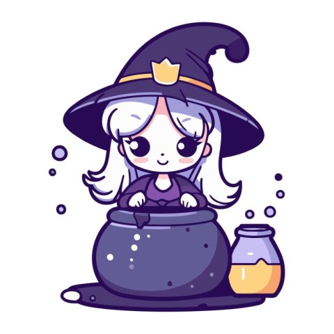 Cute cartoon witch with pot of potion. Halloween vector illustra