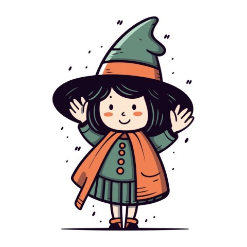 Cute little girl in a witch costume. Vector illustration in cart