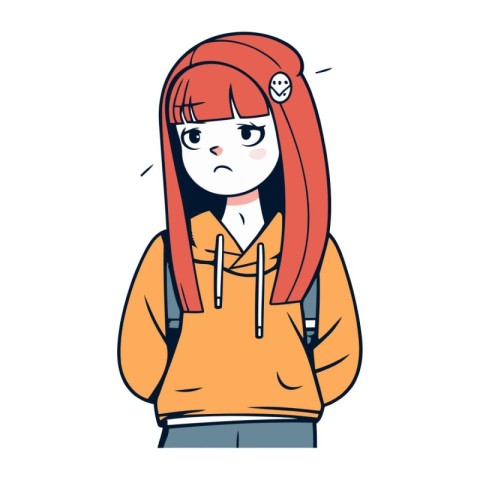 Girl in hoodie with sad expression. Vector illustration in flat