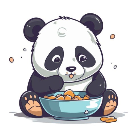 Panda eating food from a bowl. Cute cartoon vector illustration.