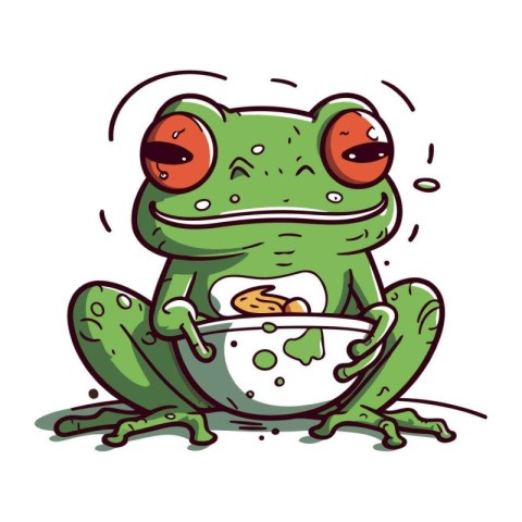 Frog with a bowl of food. Vector illustration of a cartoon frog.