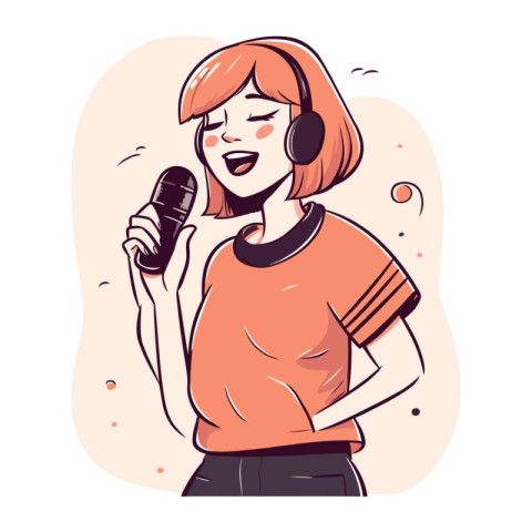 Young woman singing karaoke with microphone. Vector illustration