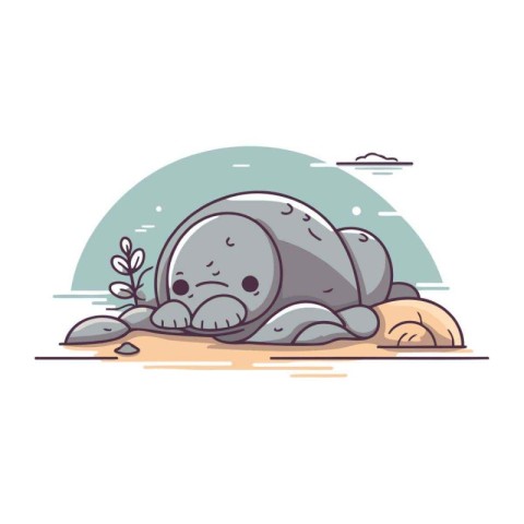 Cute hippopotamus on the beach. Vector illustration in cartoon s