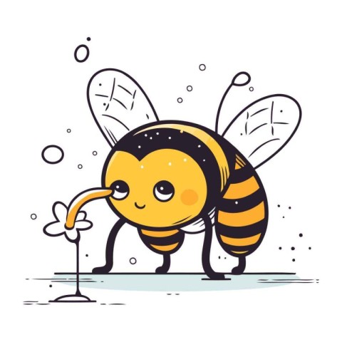 Cute cartoon bee with a glass of cocktail. Vector illustration.