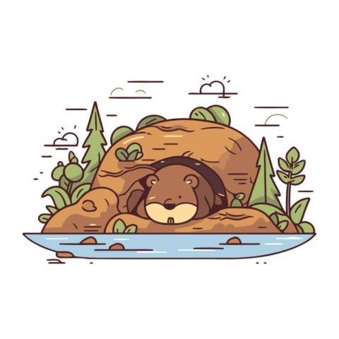 Cute cartoon beaver in the middle of the river. Vector illustrat