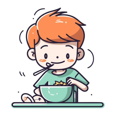 Illustration of a cute little boy eating a bowl of cereals