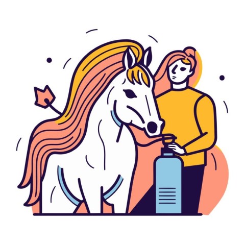 Girl and horse. Vector illustration in a flat linear style. Girl