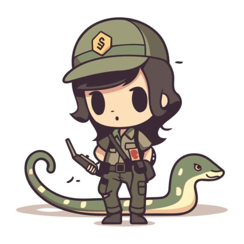 Cute little girl in military uniform with snake. Cartoon vector