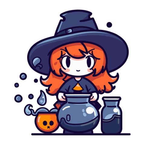 Cute cartoon girl witch with pot of potion. Vector illustration.