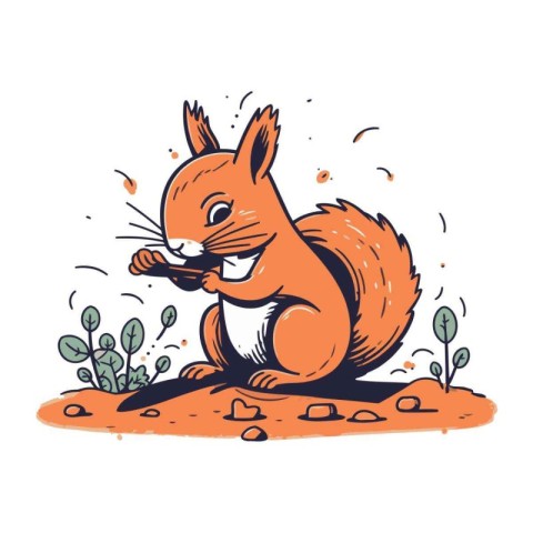 Squirrel eating a nut. Vector hand drawn illustration in cartoon