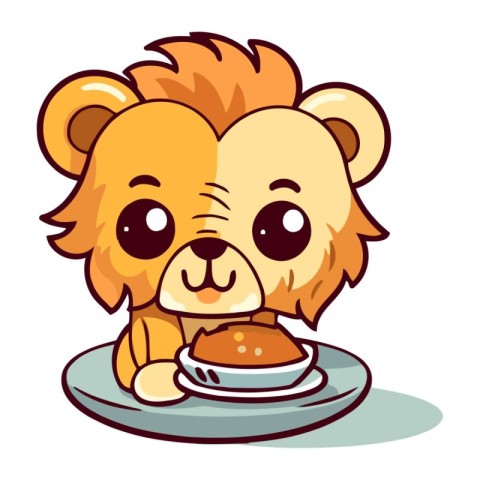 Cute cartoon lion with a plate of food. Vector illustration.