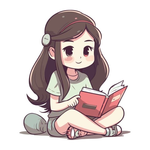 Cute little girl sitting and reading a book. Vector illustration