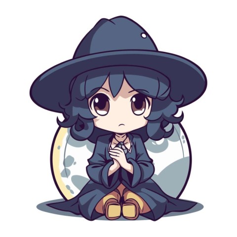 Illustration of a Cute Cartoon Girl Wearing a Black Hat and Sitt