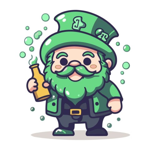 Leprechaun with a bottle of beer. Vector illustration.