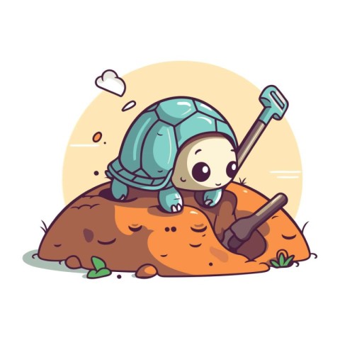 Cartoon turtle digging in the sand. Cute vector illustration.