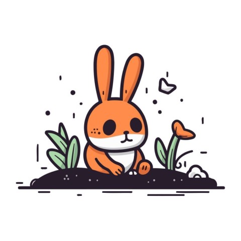 Cute rabbit in the garden. Vector illustration in cartoon style.