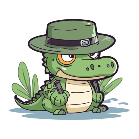 Crocodile in a hat with a gun. Vector illustration