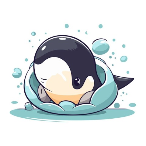 Cute cartoon penguin swimming in the water. Vector illustration.