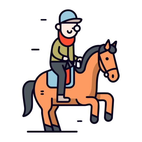 Jockey riding on horse. Flat line art style vector illustration.