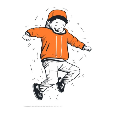 A boy in a red cap and orange sweatshirt is jumping. Vector illu