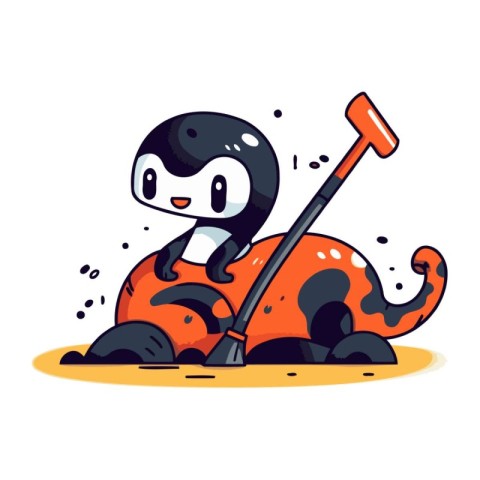 Cute little ladybug with a shovel. Vector illustration on white