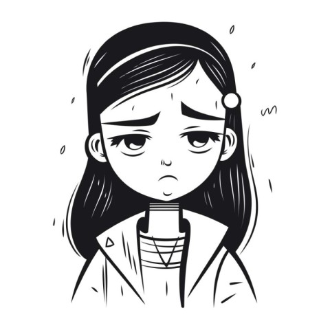 Sad girl in a trench coat. Vector illustration isolated on white