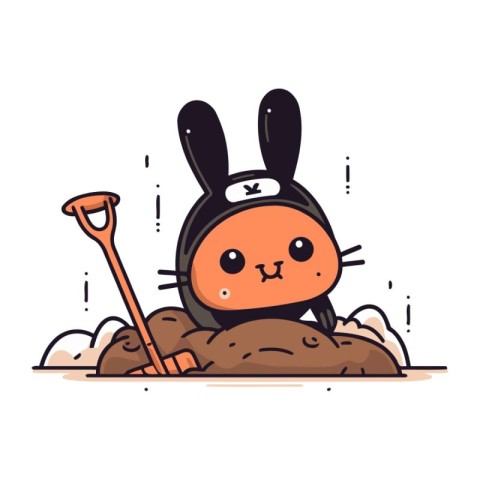 Cute rabbit with shovel. Vector illustration in flat cartoon sty