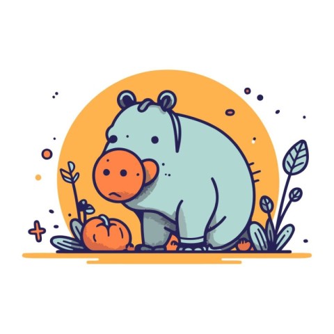 Cute hippo with pumpkins. Vector illustration in cartoon style.