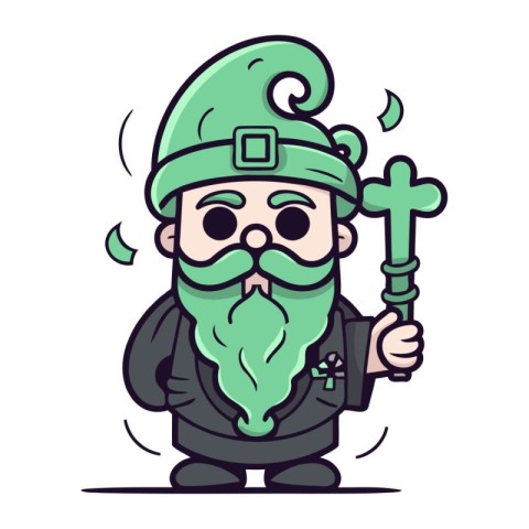 Cartoon Leprechaun with Magic Wand. Vector Illustration