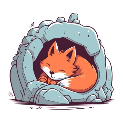 Cute cartoon fox sleeping in a cave. Vector illustration on whit