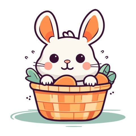 Easter bunny in basket. Cute cartoon character. Vector illustrat