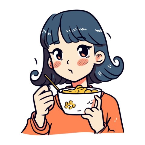 Illustration of a woman eating a bowl of cereals with chopsticks