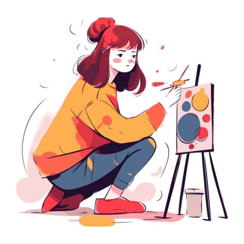 Artist girl painting a picture with oil paints. Vector illustrat